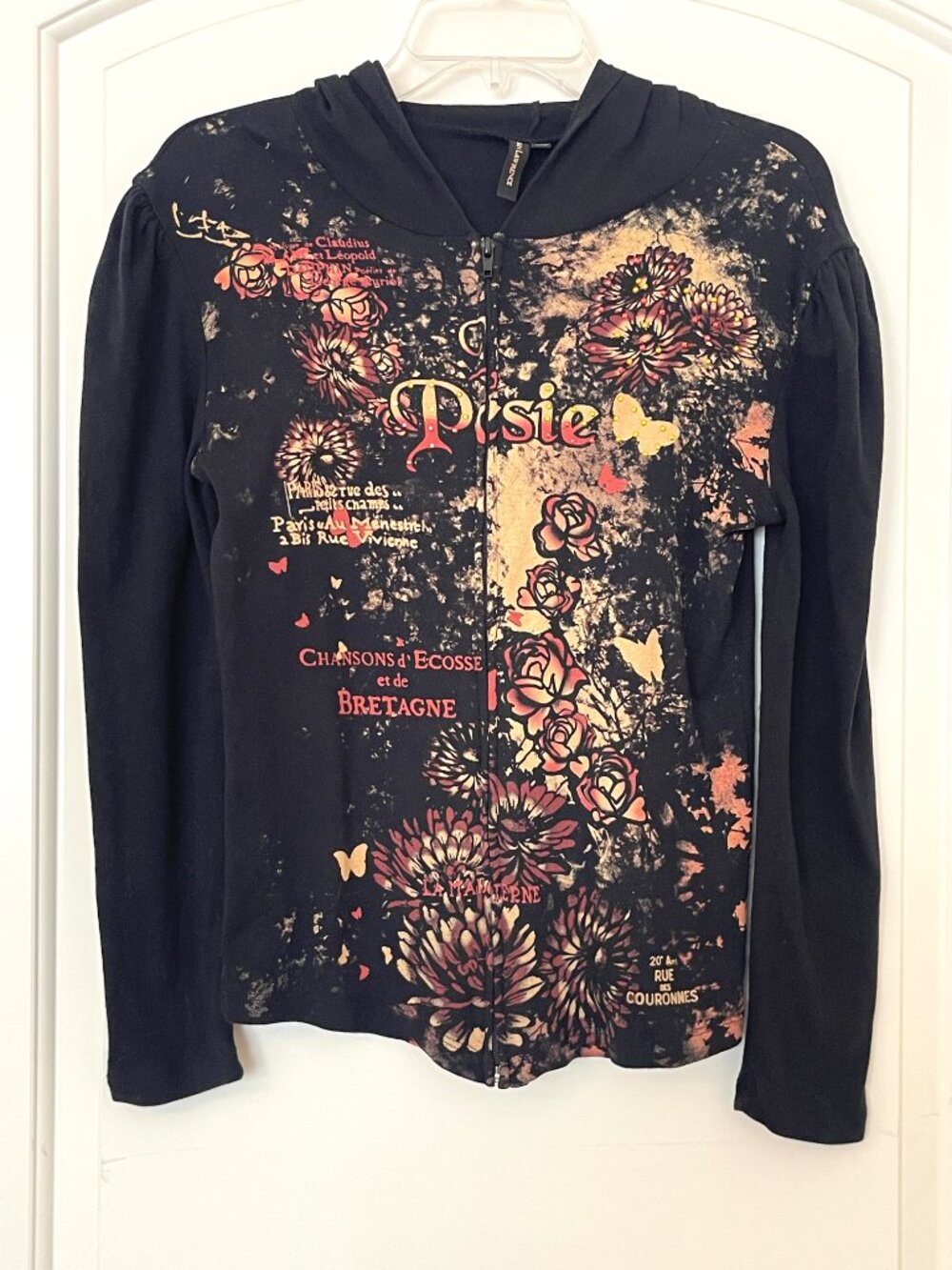 Susan Lawrence Hoodie Top Full Zip Black Embellished Vintage Y2K Small
